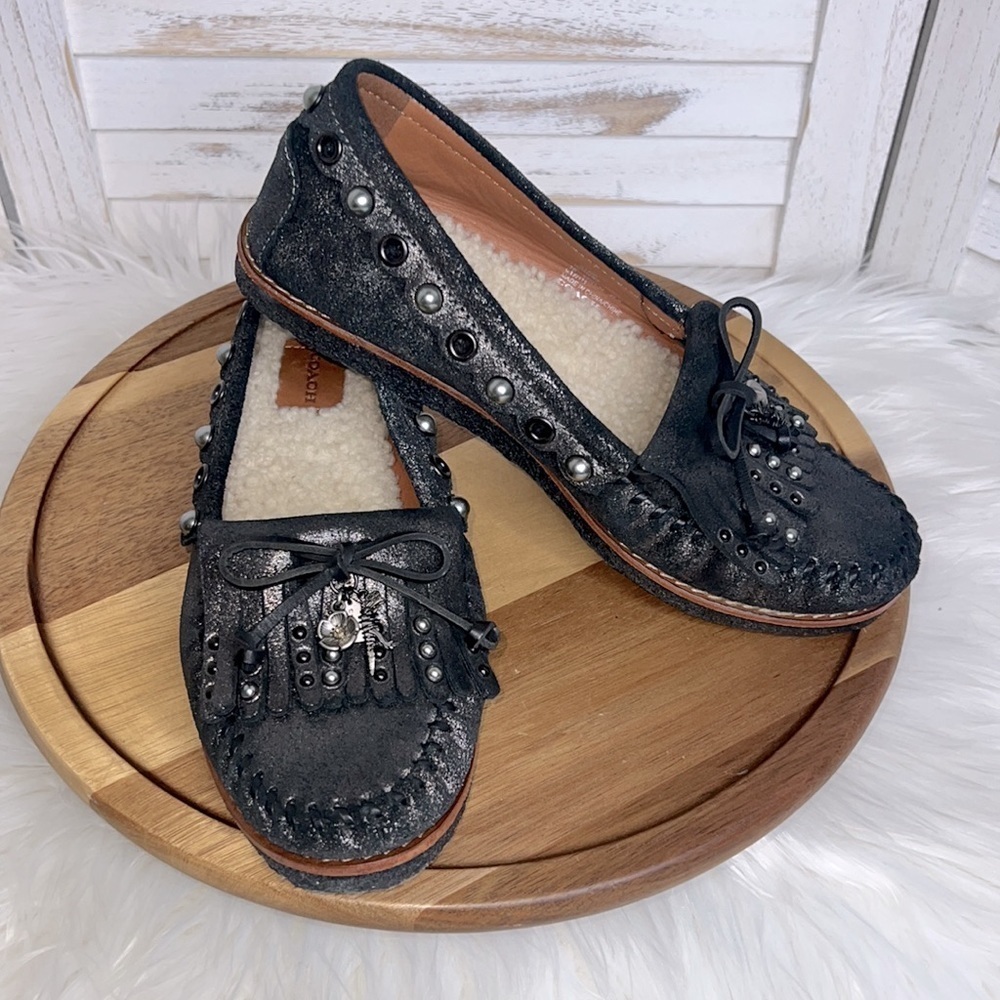COACH l Roccasin Black Metallic Leather Slip On Moccasins Sherpa Flat Loafers 7